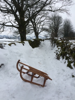 Snow in Cumbria - sledge in a laneway