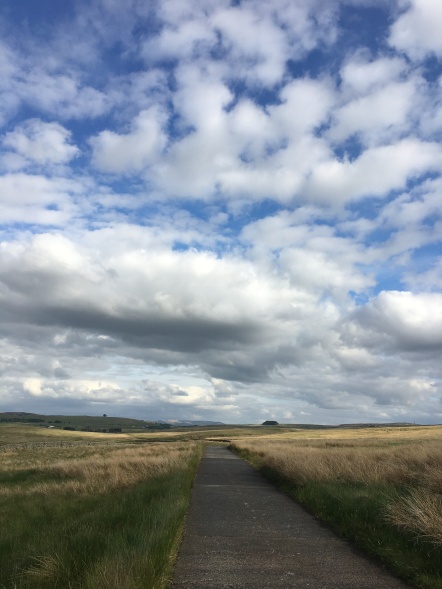 Road leading over the horizon with blue sky and clouds overhead